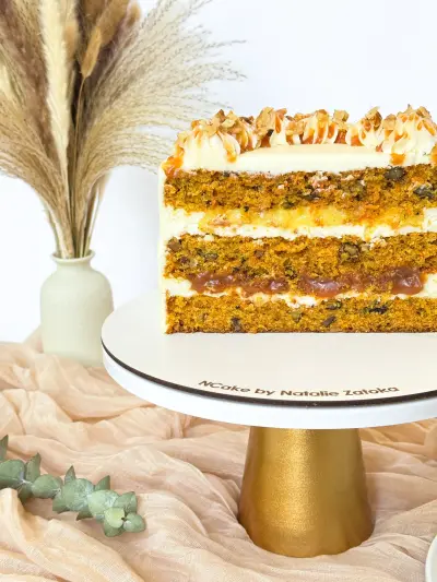 Carrot cake with salted caramel and orange curd