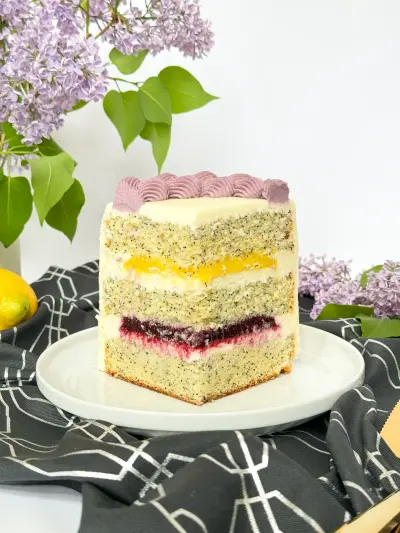 piece of poppy lemon cake on the plate 83