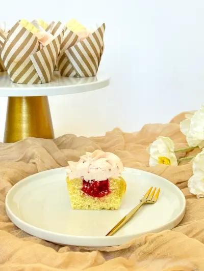 cut inside of vanilla strawberry cupcake 147
