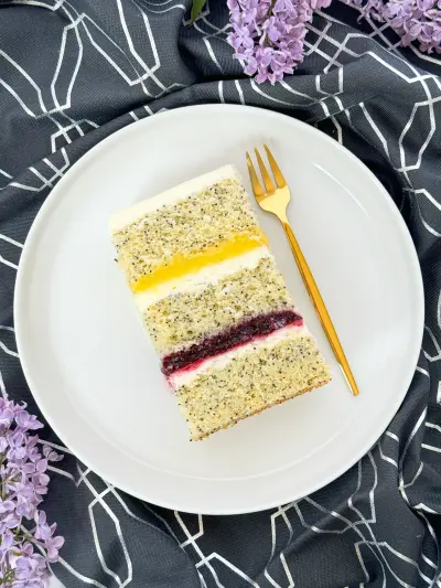 slice of poppy lemon cake on the plate 84